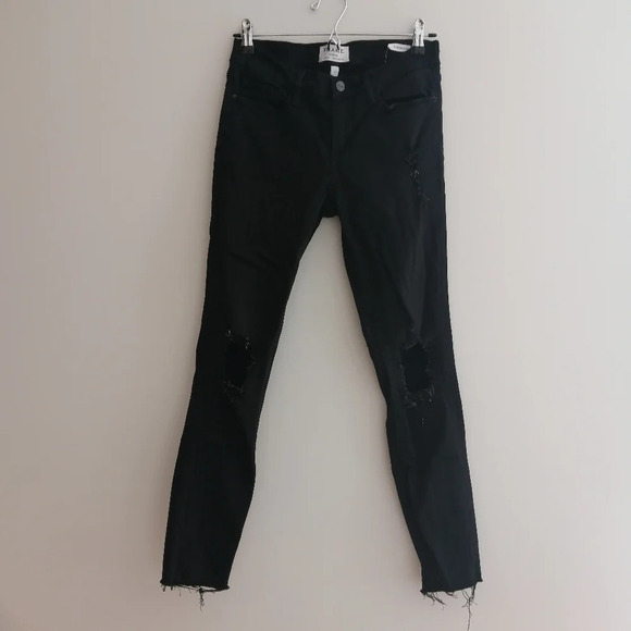 Frame Le Skinny De Jeanne Ankle Crop Jeans in Lord Noir Black Distressed 27 (4) - Picture 4 of 13